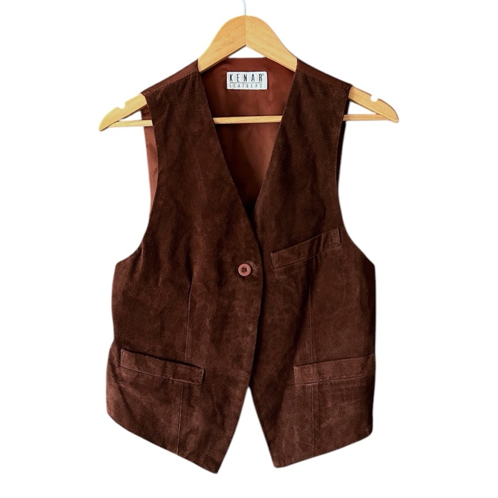 Vintage 90s Women’s Kenar Suede Single Button Vest in Brown. Size Small